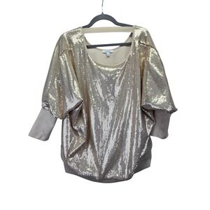 Skinnygirl‎ Jeans Gold Sequin Dolman Sleeve Top 1X Plus Size Cutout Back Blouse